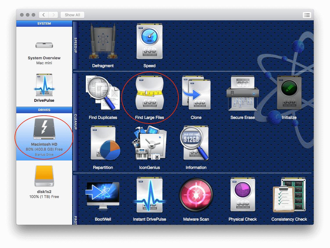 Selecting the Find Large files utility.