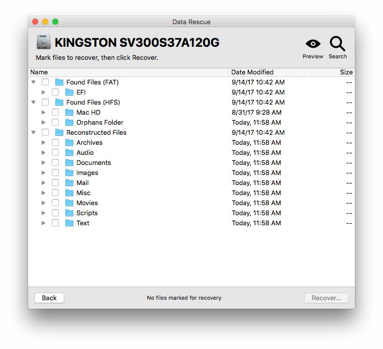 You can mark files and folders for recovery.